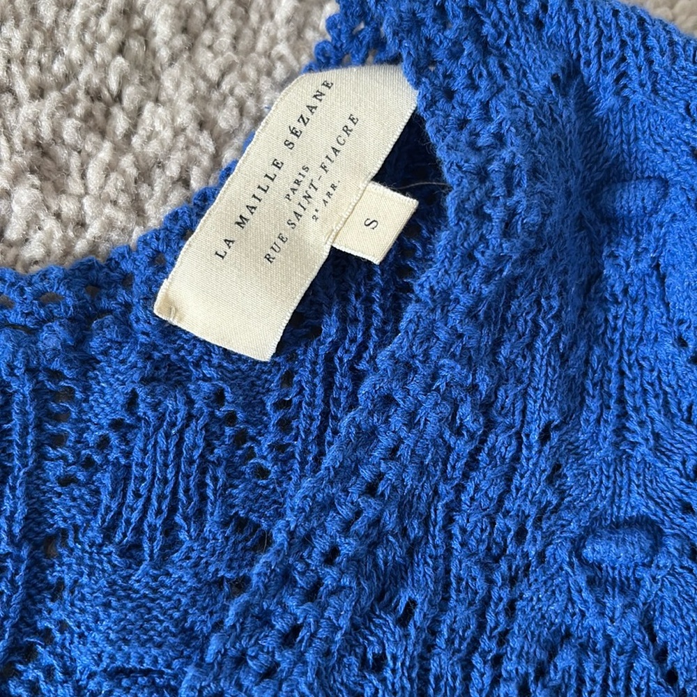 Sezane Cobalt Blue Knit Button-Front Short Sleeve Top - Picture 4 of 5